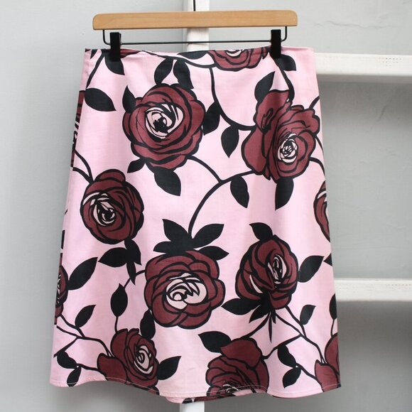 Lily A-line Pink Red Roses Print Midi Skirt Size Medium - Picture 1 of 4